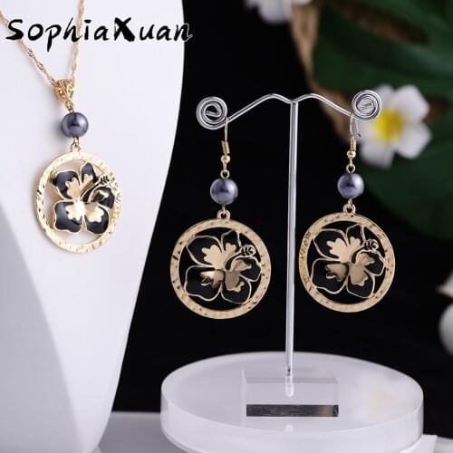 New Design Fashion Hibiscus Flowers Jewelry Set Women Dropship Wholesale Hawaiian Polynesian Gold Plated Necklaces Earrings Set