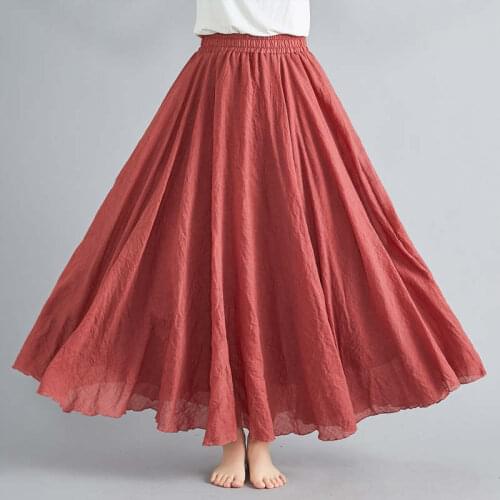 Candy Colors Big Swing Loose Cotton Linen Summer Skirts Womens Plus Size Elastic Waist Bohemian Pleated Skirt Women Faldas C7340