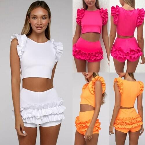 Summer Cute Women Girls Lace Ruffles Two Piece Bikini Swimsuit Fly Sleeve Padded Tops + Ruffles High Waist Shorts