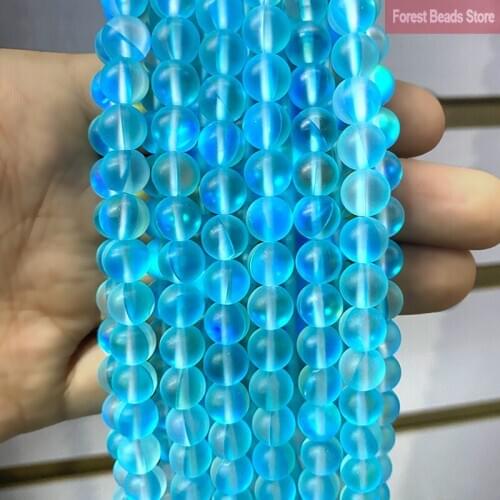 Matte Lake Blue Glitter Moon Stone Round Beads Austria Crystal for Jewelry Making DIY Bracelet Necklace 15" Strand 6 8 10 12MM