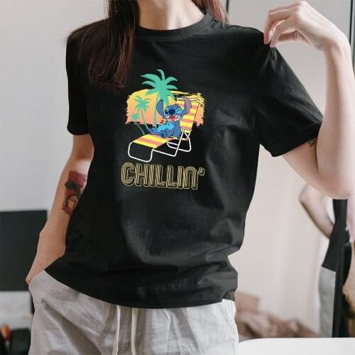 Fashion Summer Top T Shirt Women New Disney Lilo & Stitch Chillin' On The Beach Graphic T-Shirt Kawaii Female Clothing Girls Tee