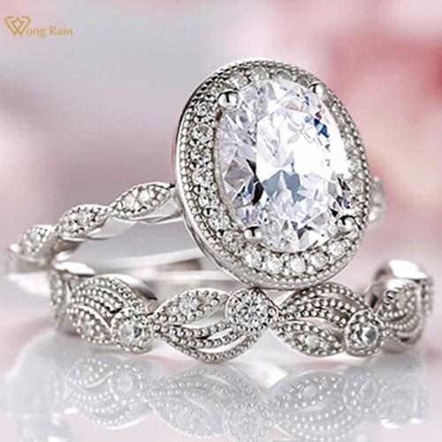 Wong Rain Vintage 925 Sterling Silver Oval Cut Created Moissanite Gemstone Wedding Engagement Women Ring Set Fine Jewelry Gifts