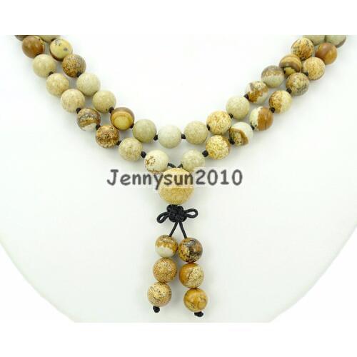 Natural Picture Ja-sper 8mm Gems Stone Buddhist 108 Beads Prayer Mala Knot Necklace Multi-Purpose 5Strands/Pack