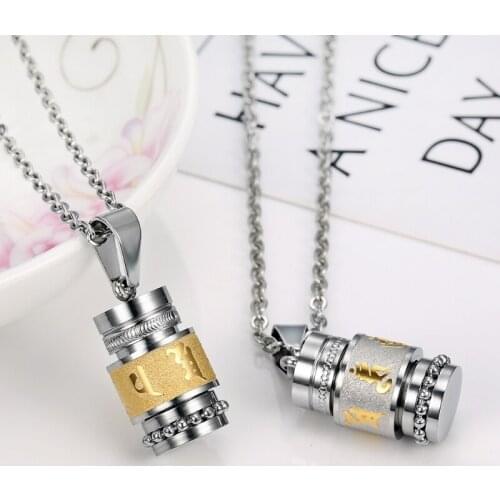 Stainless Steel Buddhism Six Words Rotatable Necklace Women Men Mantra Prayer Wheel Mantra Bottle Urn Pendant Necklace