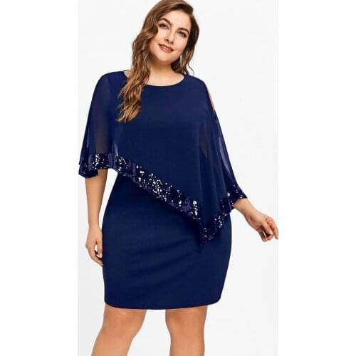 Womail dress Summer Women Plus Size Cold Shoulder Overlay Asymmetric Chiffon Strapless Sequins Dress S-5XL 2020