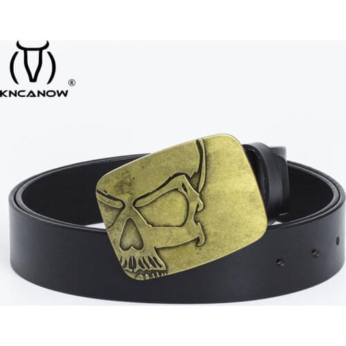 Real 100% Genuine Leather Belts For Men Retro Embossed Skull Buckle High Quality Luxury Cowhide Punk Style Cowboy Gift Strap