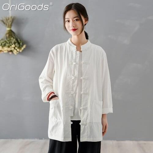 OriGoods Chinese style Shirt 2020 New Long sleeve Shirt White Cotton Linen Vintage Shirt Women Blouse Tai Chi Shirt Tops C318