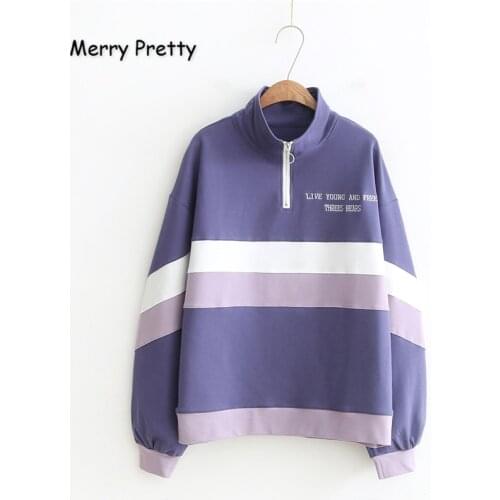 Womens Letter Embroidery Hoodies Sweatshirts Stand Collar Hit Color Pullovers 2021 New Sweet Style Loose Tracksuit MERRY PRETTY
