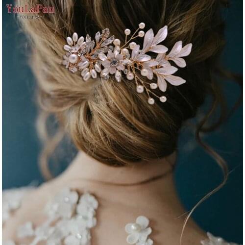 TOPQUEEN HP302 Custom Bridal Hair Accessories Hair Comb Rose Gold Hair Pieces for Weddings Diamond Headpiece Flower Hair Clips