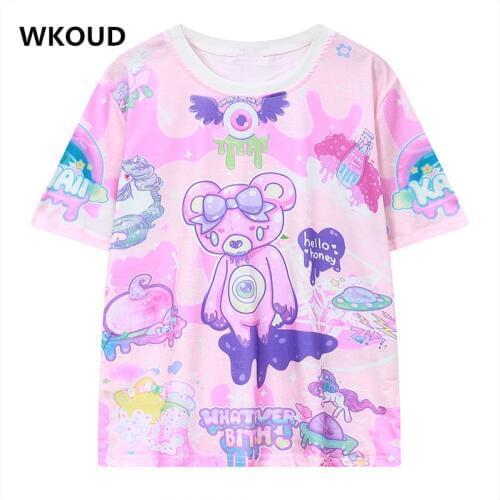 WKOUD Summer Style Bear Printed T-shirts Womens Harajuku Short Sleeve T shirts New Fashion Character O-neck Tops T1617