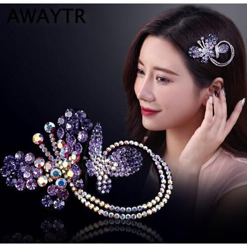 AWAYTR New Rhinestone Hairpin Butterfly Hair Clips for Women Retro Barrettes Ponytail Holder Hair Pins Bands Hair Accessories