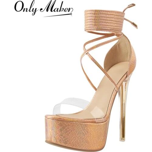 Onlymaker Womens Summer Lace-Up Platform Sandals Gold Crocodile Print Ankle Cross Strap Clear Metal High Heels Shoes PVC Band