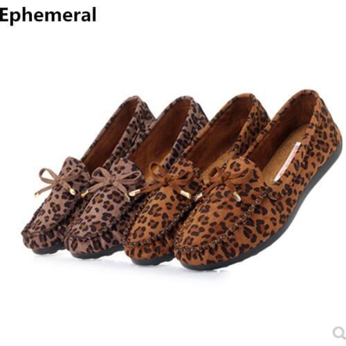 Ladies Leopard Flats Spike Heels Anti- Slip Round Toe Old Peking Soft Shoes Cloth Bow Plus Size 40 39 For Wide Foot Brown Beige