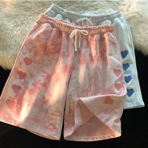 Womens shorts European and American tie-dye row love 2021 summer shorts tooling straight loose sports five-point pants y2k