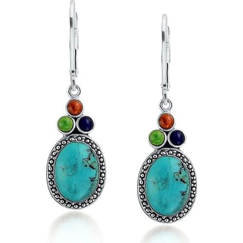 Elegant Women Vintage Natural Turquoise and Gemstone Dangle Hook Earrings Bride Wedding Engagement Party Jewelry