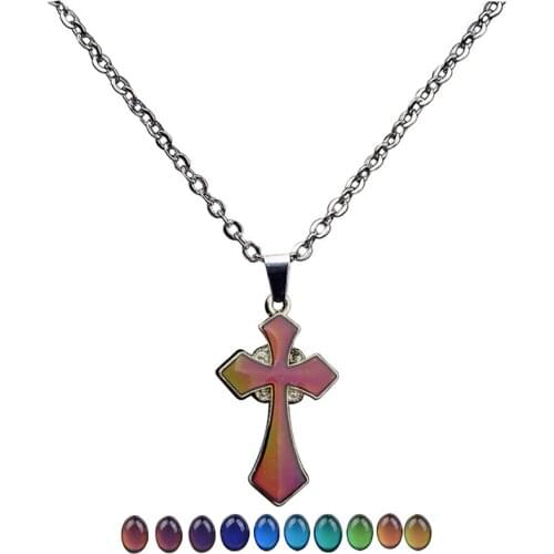 Female Mood Thermochromic Cross Pendants Necklaces For Women Wedding Jewelry Vintage Silver Color Chain Necklace Stainless Steel