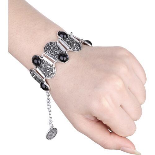 Bohemian Women Vintage Silver Coin Bracelet Adjustable Handmade Resin Beads Boho Gypsy Beachy Coachella Festival Jewelry