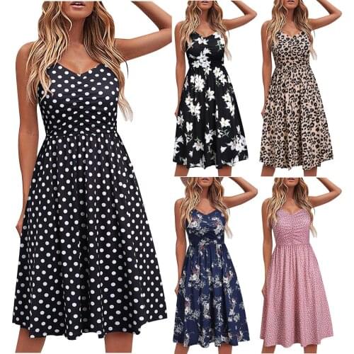 Summer Casual Womens 2021 Sexy V-Neck Leopard Sling Dress Fashion Female Flower Print Beach Party Dresses Sleeveless Backless
