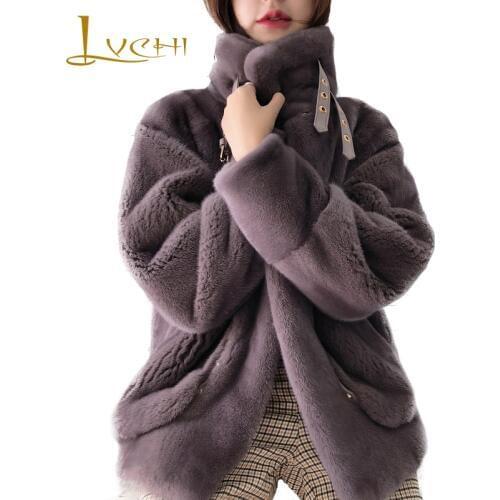 LVCHI 2019 Winter Mink Fur Coat Real Fur Coats Women Full Pelt Belt Neck Mandarin Collar Loss Full Sleeve Short Mink Fur Coats