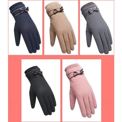 Winter Women Outdoor Cycling Suede Thicken Windproof Warm Gloves Cute Bow Waterproof Touch Screen Driving Mittens