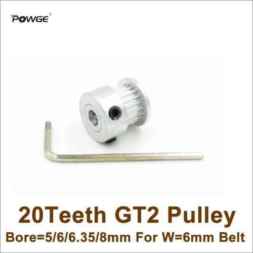 POWGE 1pcs 20 Teeth 2GT Timing Pulley Bore=5/6/6.35/8mm Fit Width=6mm 2GT Timing Belt 3D Printer Parts 20T 20Teeth GT2 Pulley