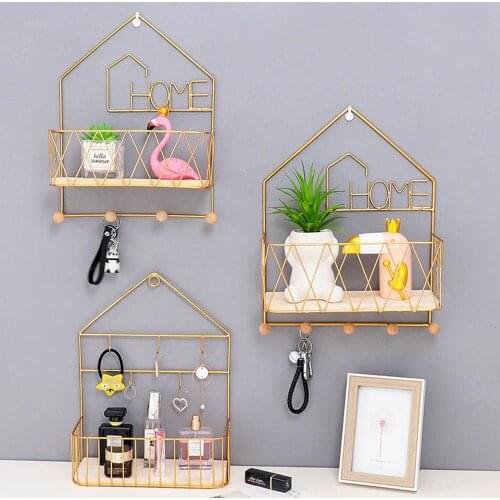 1pc Nordic Simple Iron Frame Home Decor Gold Wall Mounted Storage Shelf House Hook Wall Shelves Decoration