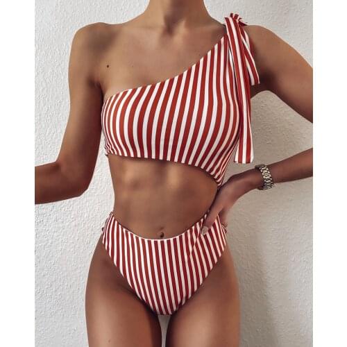 2020 Sexy High Waist Striped Bikinis Women Swimsuit Bandeau Thong Brazilian Biquini Bathing Suit One Shoulder Lace Up Tops