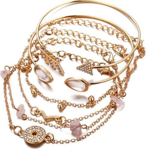 6pcs Set Rhinestone Geometric Bracelet Minimalist Alloy Metal Handmade Chain Bracelet Jewelry for Women and Girls LXH