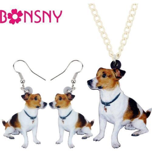 Bonsny Acrylic Jewelry Sets Cute Jack Russell Dog Necklace Earrings Fashion Animal Pendant For Women Girls Gift Souvenir NE+EA