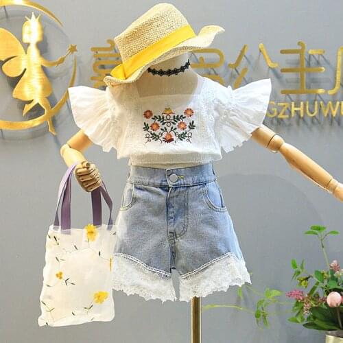ChildrenS Clothing 2021 Summer New Girl Suit Fashion Waist Petal Sleeve Embroidered Blouse +Lace Edge Denim Shorts Clothes Suit