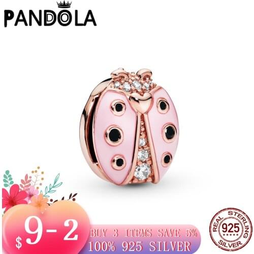 Hot 100% 925 Sterling SILVER charms Pink Ladybird Clip Charm fit Original Pandora Bracelet silver 925 jewelry