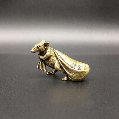 Collection Chinese Copper Carved Zodiac Animal Mouse Mice Carrying Gold Money Bag Exquisite Small Statue
