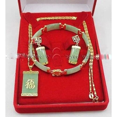 Green Inlay Link Bracelet earrings Necklace Pendant Set