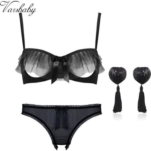 Varsbaby 3Pcs Women Sexy Sequin Paste Nipple Cover Adhesive And Yarn Transparent Underwear Bra Sets