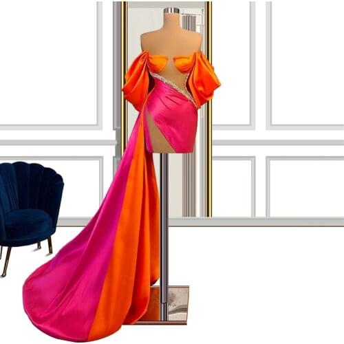 2 Colors Prom Dress Off the Shoulder Orange Fuchsia 2021 Short Cocktail Dress Long Removable Train Party Gown