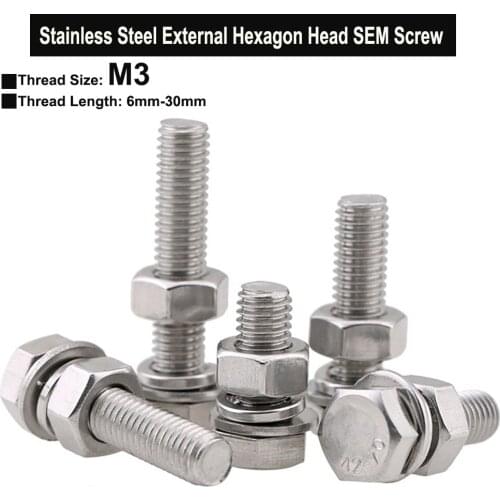 10Pcs M3 SUS304 Stainless Steel External Hexagon Bolt Three Combination Screw Kit with Plain Washer Spring Washer and Nut
