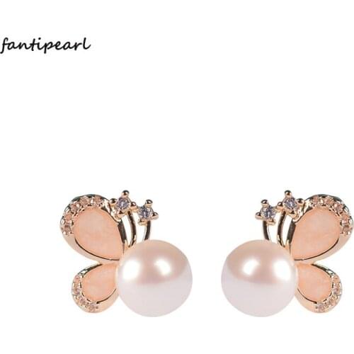 Natural freshwater pearl s925 silver needle earrings female net red personality pink butterfly earrings wild pearl earrings