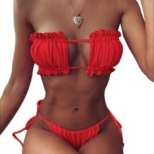 New 2020 Women Bikinis Set Summer Solid Strapless Ruffles Bathing Bathing Swimwear Beach Ladies Wear String Bandage Padded
