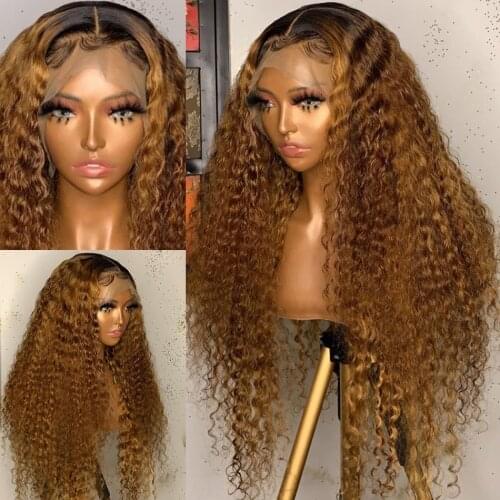 Ombre Brown 4T30 Color Curly Long Human Hair Wig 28 30 Inches 180% Density 13*6 Lace Front Wig PrePlucked Brazilian Remy