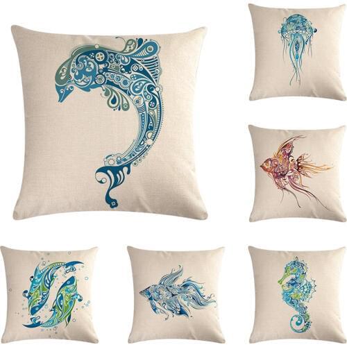 Beach style Cotton Linen Seahorse Throw Pillow Cover Fish Cushion Cover Car Home Decoration Sofa Bed Decorative Dogs Pillowcase