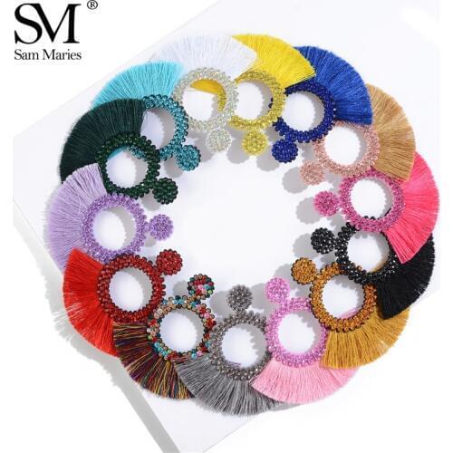 Fashion Bohemian Big Tassel Drop Earrings Hollow Gold Circle Fan Shape Cotton Fringe Stud Earinngs For women Jewelry Gift