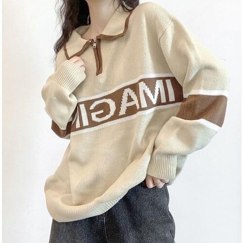 2021 Fall New Womens Solid Color Loose Fashion Mid-length Letter Contrast Lapel Sweater Pullover Sweater
