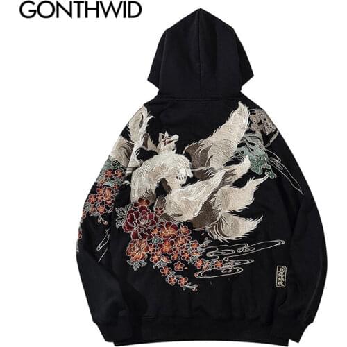 GONTHWID Harajuku Streetwear Hoddies Embroidery Japanese Crane Flowers Fox Pullover Hooded Sweatshirts Hip Hop Mens Fashion Tops