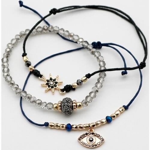 Three Set Bracelets For Women Rope Adjustable New Styles Evil Eyes Pave Diamante Balls Charms Black Diamond Glass Stones 2021101