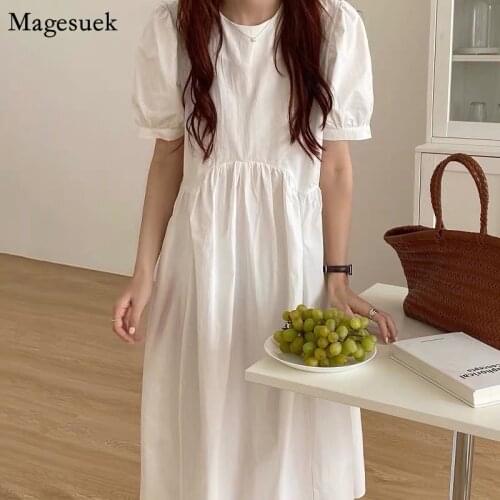 Vintage Lantern Sleeve Pleated Summer Dress White Plus Size 2021 Casual Party Pink Dress Female Solid Long Dress Vestidos 14512