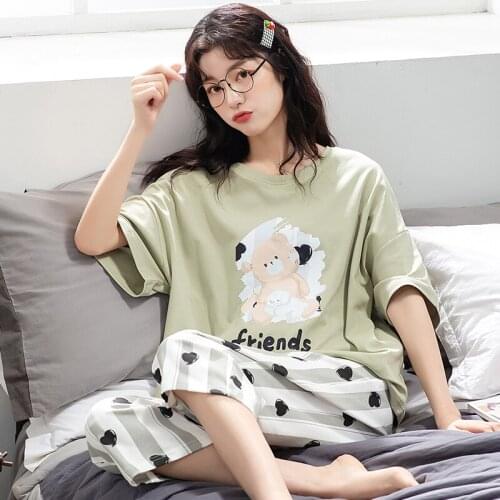 Women Homewear Plus Size Womens Cotton Summer Refreshing Light Green Pajamas For Women Kawaii Little Bears Cartoon Sleepwear