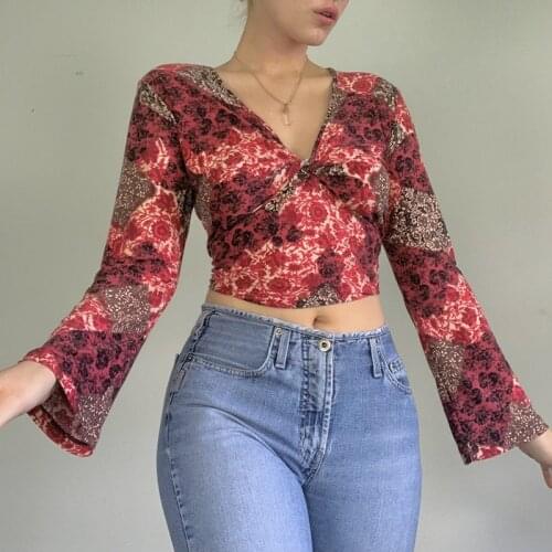 Retro Floral Print T-shirt Autumn V Neck Long Flare Sleeve Crop Top Y2K Fairy Grunge Women Sweats Tees Harajuku Vintage Clothes