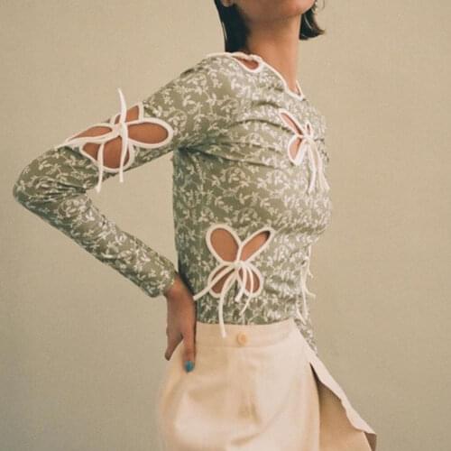 Women Blouses 2021 Spring Long Sleeve Shirt O Neck Floral Flower Sweet Streetwear Hollow Out Bandage Tops Pullover