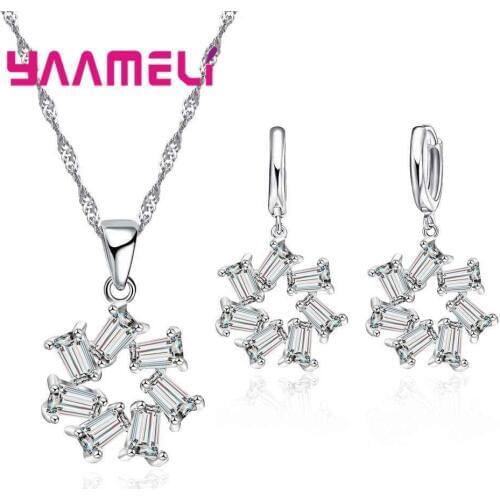 Brand Design 925 Sterling Silver CZ Zircon Statement Necklaces Earring Set Geometric Women Bridal Wedding Jewelry Sets