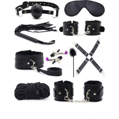 10 Pcs/set Sexy Lingerie PU Leather BDSM Sex Bondage Set Hand Cuffs Footcuff Whip Rope Blindfold Erotic Sex Toys For Couples